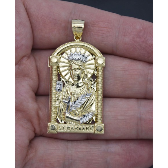 Real Solid 10K Yellow Gold Shiny Medallion St. Barbara Diamond Cut Pendant 10.gr - Picture 2 of 8